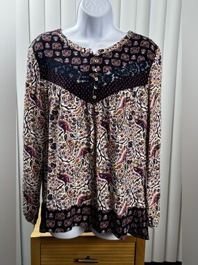 DR2 Boho Paisley Lace Trim High Low Blouse Size Large Flowy Peasant Top